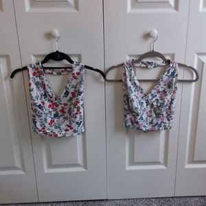 70s vintage 2 Miss Holly floral halter tops red and pink lot bundle small